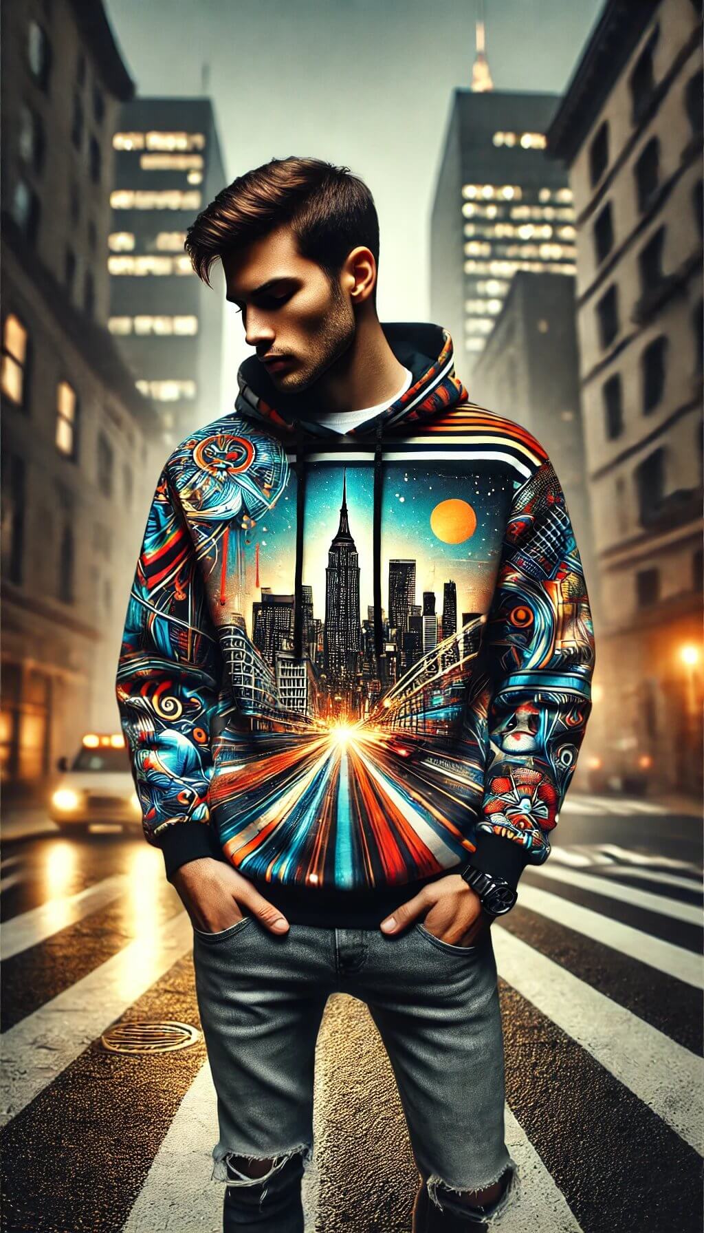 Man wearing a graphic printed unisex hoodie with vibrant cityscape design, standing on an urban street at night.