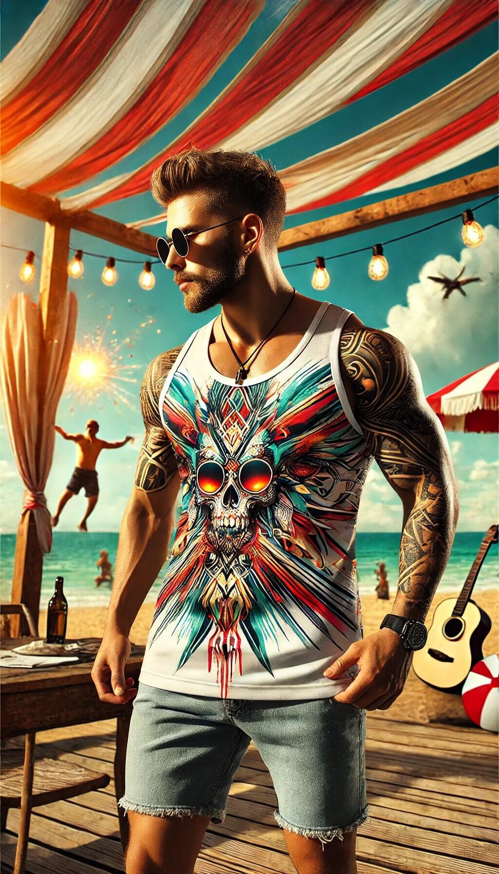 Man wearing a vibrant skull graphic tank top, standing on a beach with a sunset backdrop, showcasing summer style and tattoos.