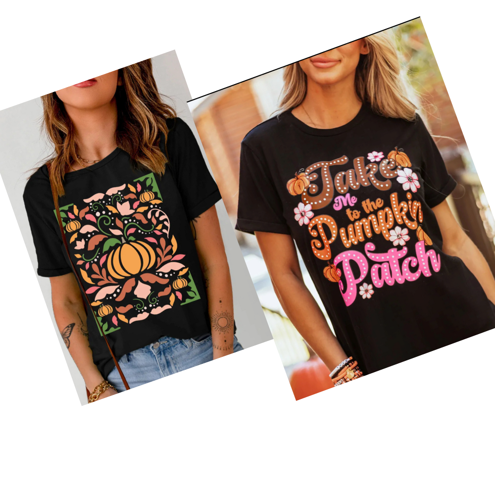 Women's graphic tees with pumpkin designs and playful text for a trendy fall look.