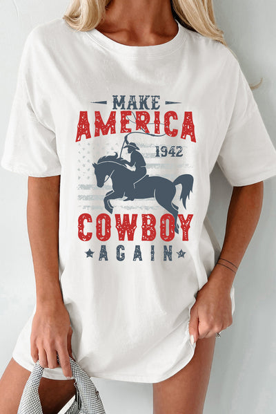 Cowboy graphic round neck t-shirt with "Make America Cowboy Again" design, white background.