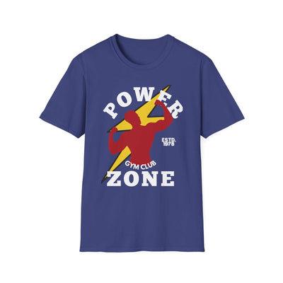 Blue Power Zone Gym Club graphic T-shirt with bold design, featuring weightlifter silhouette and lightning bolt.