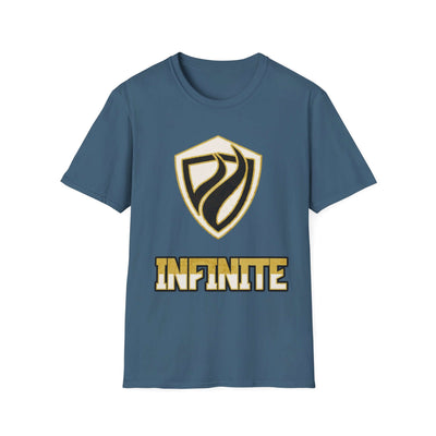 Infinite logo graphic T-shirt in blue with shield design, unisex casual wear, soft material for comfort, available in multiple sizes.