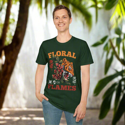 Man wearing a green Floral Flames Tiger Graphic T-Shirt with bold text and tiger design, showcasing a unique and stylish look.