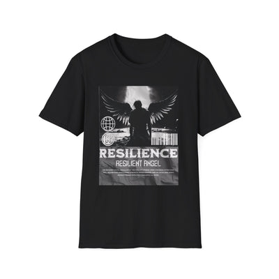 Black t-shirt with Resilient Angel graphic design featuring angel wings and text, promoting strength and comfort in casual wear