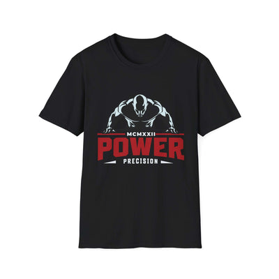 Black Power Precision graphic t-shirt with bold red text and athletic design.