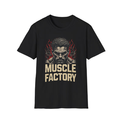 Black Muscle Factory Graphic T-Shirt featuring a muscular figure with flames in the background, unisex soft-style casual wear.