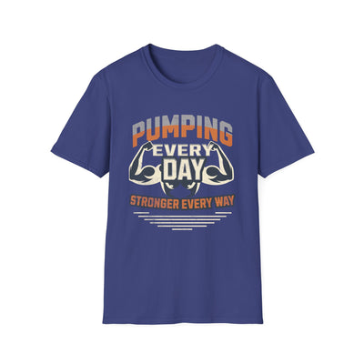 Blue bodybuilding graphic T-shirt with "Pumping Every Day Stronger Every Way" text design.