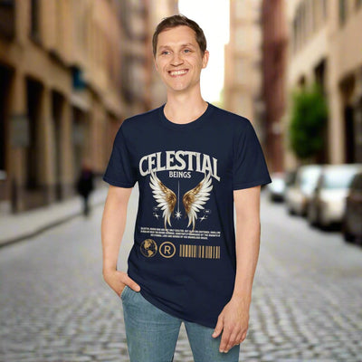 Man wearing a navy Celestial Beings graphic t-shirt with angel wings design, casual style, unisex fashion.