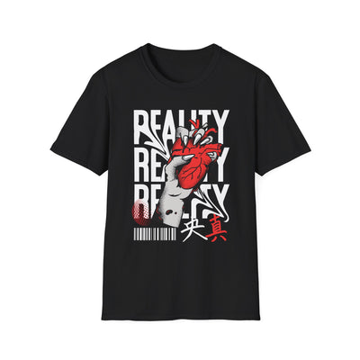 "Reality Statement Graphic T-Shirt black featuring bold design with hand illustration and text pattern"