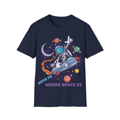 Home is Where Space Is Astronaut Graphic T-shirt featuring a cosmic astronaut design