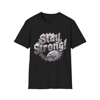 Black Stray Strong graphic T-shirt with bold text and eagle design.