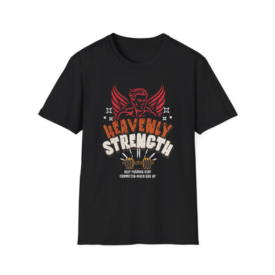 Black unisex Heavenly Strength bodybuilding graphic t-shirt with durable ribbed collar and soft cotton fabric.