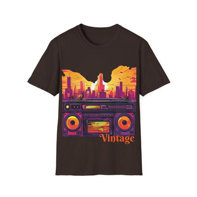 Vintage Audio in City Backdrop Graphic T-Shirt showcasing a retro cityscape with a vintage music theme