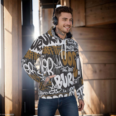 Stylish all-over print men's pullover hoodie with a thick, cozy lining. The hoodie features a vibrant, detailed pattern covering the entire garment, ideal for cold weather. The design combines both style and warmth, making it perfect for a casual, fashion