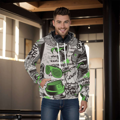 Stylish all-over print men's pullover hoodie with a thick, cozy lining. The hoodie features a vibrant, detailed pattern covering the entire garment, ideal for cold weather. The design combines both style and warmth, making it perfect for a casual, fashion