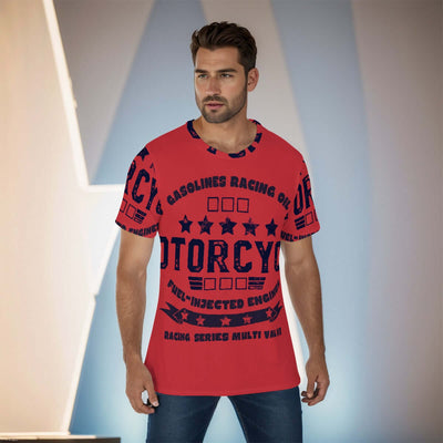 All-over print men's O-neck t-shirt in red with racing graphics, breathable jersey fabric, loose fit, perfect for daily wear.