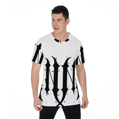 Man wearing all-over print men's o-neck t-shirt with a black and white design, featuring a classic round neck and loose fit for comfort.