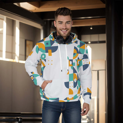 Stylish all-over print men's pullover hoodie with a thick, cozy lining. The hoodie features a vibrant, detailed pattern covering the entire garment, ideal for cold weather. The design combines both style and warmth, making it perfect for a casual, fashion