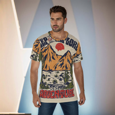 Man wearing all-over print men's O-neck t-shirt with adventure design, featuring a comfortable loose fit for daily wear