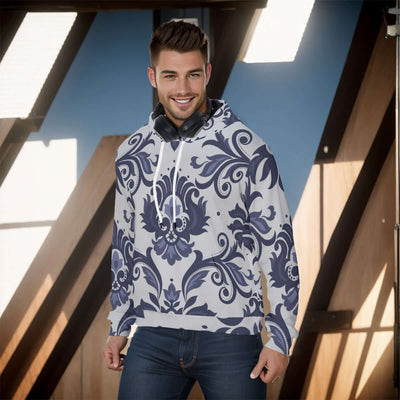 Stylish all-over print men's pullover hoodie with a thick, cozy lining. The hoodie features a vibrant, detailed pattern covering the entire garment, ideal for cold weather. The design combines both style and warmth, making it perfect for a casual, fashion