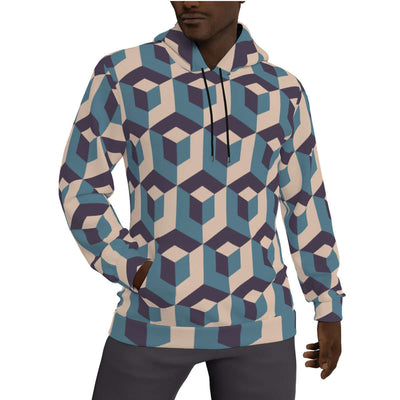 Stylish all-over print men's pullover hoodie with a thick, cozy lining. The hoodie features a vibrant, detailed pattern covering the entire garment, ideal for cold weather. The design combines both style and warmth, making it perfect for a casual, fashion