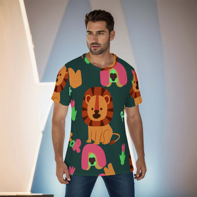 Man wearing all-over print men's O-neck t-shirt with colorful animal design, showcasing breathable, soft jersey fabric.