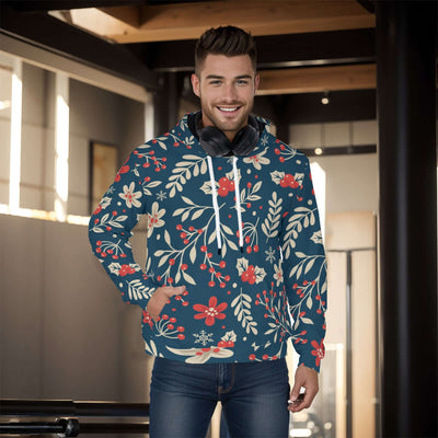 Stylish all-over print men's pullover hoodie with a thick, cozy lining. The hoodie features a vibrant, detailed pattern covering the entire garment, ideal for cold weather. The design combines both style and warmth, making it perfect for a casual, fashion