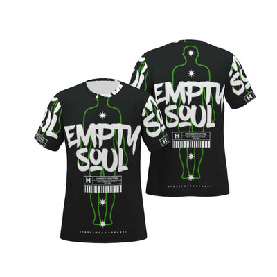 Men's all-over graphic print t-shirt with "Empty Soul" text, classic O-neck, loose fit, breathable fabric, perfect for daily wear.