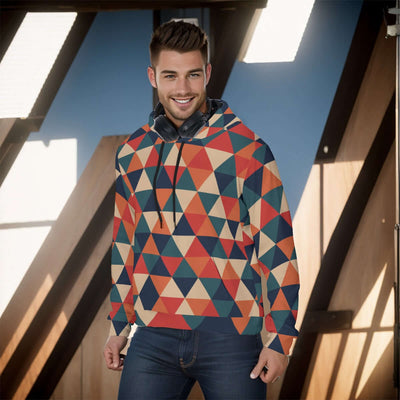 Stylish all-over print men's pullover hoodie with a thick, cozy lining. The hoodie features a vibrant, detailed pattern covering the entire garment, ideal for cold weather. The design combines both style and warmth, making it perfect for a casual, fashion