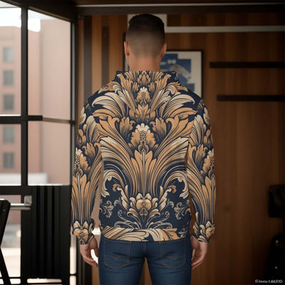 Stylish all-over print men's pullover hoodie with a thick, cozy lining. The hoodie features a vibrant, detailed pattern covering the entire garment, ideal for cold weather. The design combines both style and warmth, making it perfect for a casual, fashion