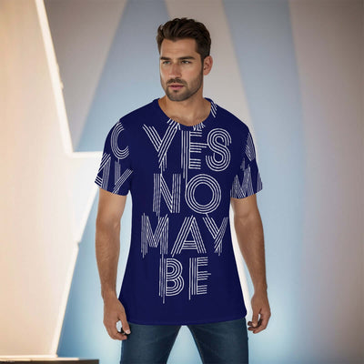 Stylish all-over print men's O-neck t-shirt with "Yes No Maybe" text, featuring a classic round neck and comfortable fit.