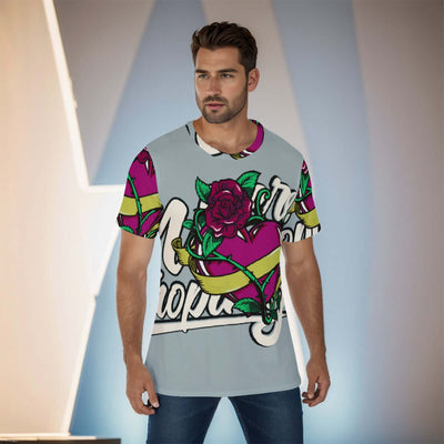 All-Over Print Men's O-Neck T-Shirt with vibrant floral design, featuring a classic round neck and comfortable loose fit for daily wear.