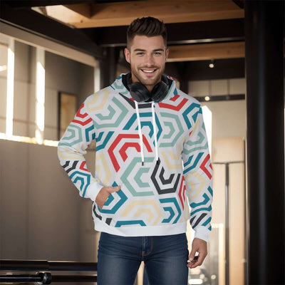 Stylish all-over print men's pullover hoodie with a thick, cozy lining. The hoodie features a vibrant, detailed pattern covering the entire garment, ideal for cold weather. The design combines both style and warmth, making it perfect for a casual, fashion