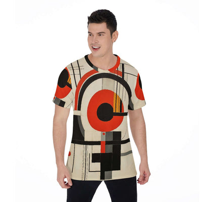 Men's all-over print O-neck t-shirt with abstract geometric design in red, black, and beige, made from breathable jersey fabric.