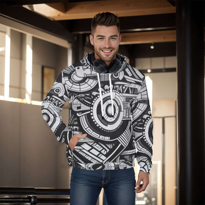 Stylish all-over print men's pullover hoodie with a thick, cozy lining. The hoodie features a vibrant, detailed pattern covering the entire garment, ideal for cold weather. The design combines both style and warmth, making it perfect for a casual, fashion