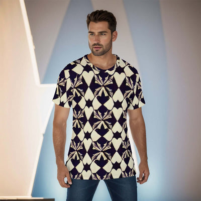 Man wearing an all-over print men's O-neck t-shirt with a geometric pattern, in a modern setting.