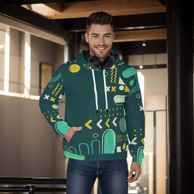 Stylish all-over print men's pullover hoodie with a thick, cozy lining. The hoodie features a vibrant, detailed pattern covering the entire garment, ideal for cold weather. The design combines both style and warmth, making it perfect for a casual, fashion