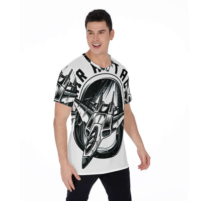 All-over print men's O-neck t-shirt with aircraft design, featuring round neck and loose fit for comfort, breathable jersey fabric.