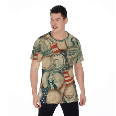 Man wearing all-over print O-neck T-shirt with currency design, breathable fabric, loose fit, ideal for daily wear.