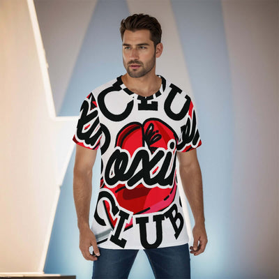 All-over print men's O-neck T-shirt with bold text and graphics, breathable jersey fabric, comfortable loose fit for daily wear.