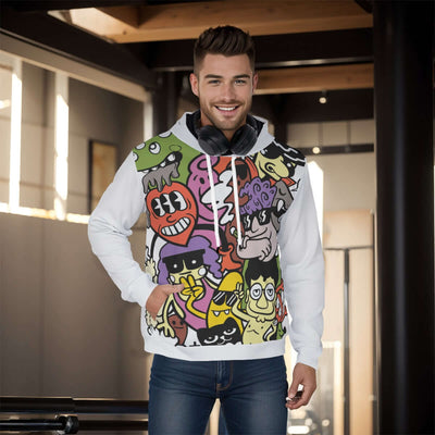 Stylish all-over print men's pullover hoodie with a thick, cozy lining. The hoodie features a vibrant, detailed pattern covering the entire garment, ideal for cold weather. The design combines both style and warmth, making it perfect for a casual, fashion