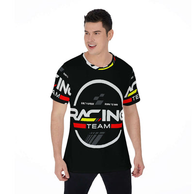 All-Over Print Men's O-Neck T-Shirt with Racing Design, breathable jersey fabric, classic round neck, comfortable loose fit for daily wear.