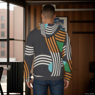 Stylish all-over print men's pullover hoodie with a thick, cozy lining. The hoodie features a vibrant, detailed pattern covering the entire garment, ideal for cold weather. The design combines both style and warmth, making it perfect for a casual, fashion