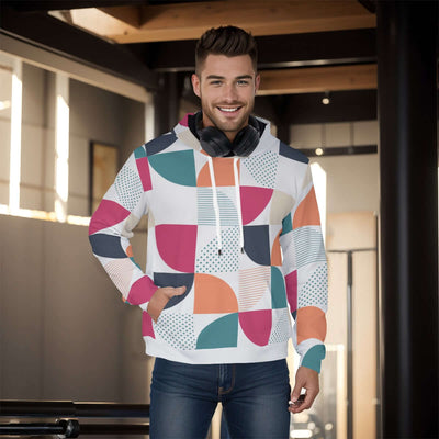 Stylish all-over print men's pullover hoodie with a thick, cozy lining. The hoodie features a vibrant, detailed pattern covering the entire garment, ideal for cold weather. The design combines both style and warmth, making it perfect for a casual, fashion