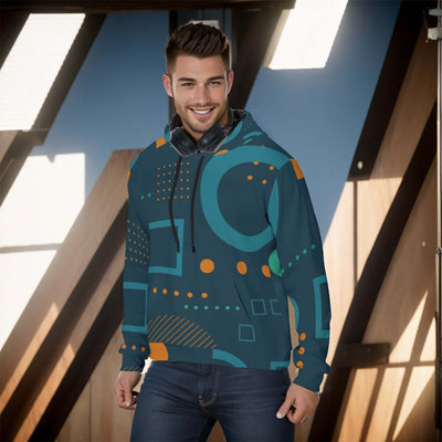 Stylish all-over print men's pullover hoodie with a thick, cozy lining. The hoodie features a vibrant, detailed pattern covering the entire garment, ideal for cold weather. The design combines both style and warmth, making it perfect for a casual, fashion