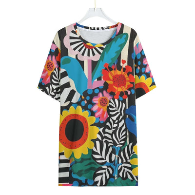 All-over print men's O-neck t-shirt featuring vibrant floral and abstract patterns, breathable jersey fabric for casual wear.