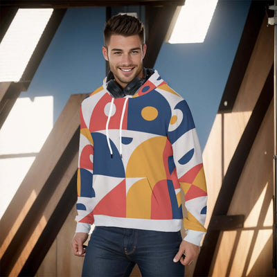 Stylish all-over print men's pullover hoodie with a thick, cozy lining. The hoodie features a vibrant, detailed pattern covering the entire garment, ideal for cold weather. The design combines both style and warmth, making it perfect for a casual, fashion