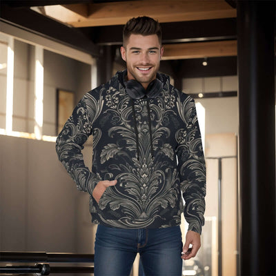 Stylish all-over print men's pullover hoodie with a thick, cozy lining. The hoodie features a vibrant, detailed pattern covering the entire garment, ideal for cold weather. The design combines both style and warmth, making it perfect for a casual, fashion