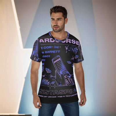 Men's colorful all-over print O-neck t-shirt, featuring a unique design, classic round neck, and comfortable fit for daily wear.