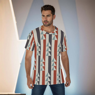 Man wearing all-over print men's O-neck T-shirt with geometric pattern, breathable and soft fabric, casual fashion style.